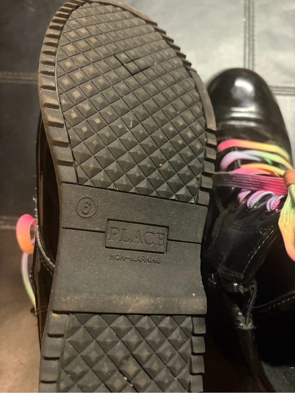 The Children's Place Black Patent Ankle Boots with Rainbow Laces